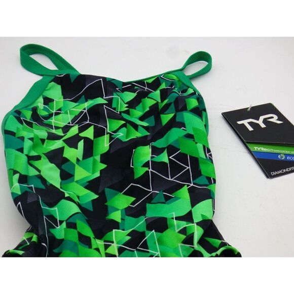 TYR Girls' Labyrinth Diamondfit Swimsuit, Green, Size 22 - Picture 4 of 8